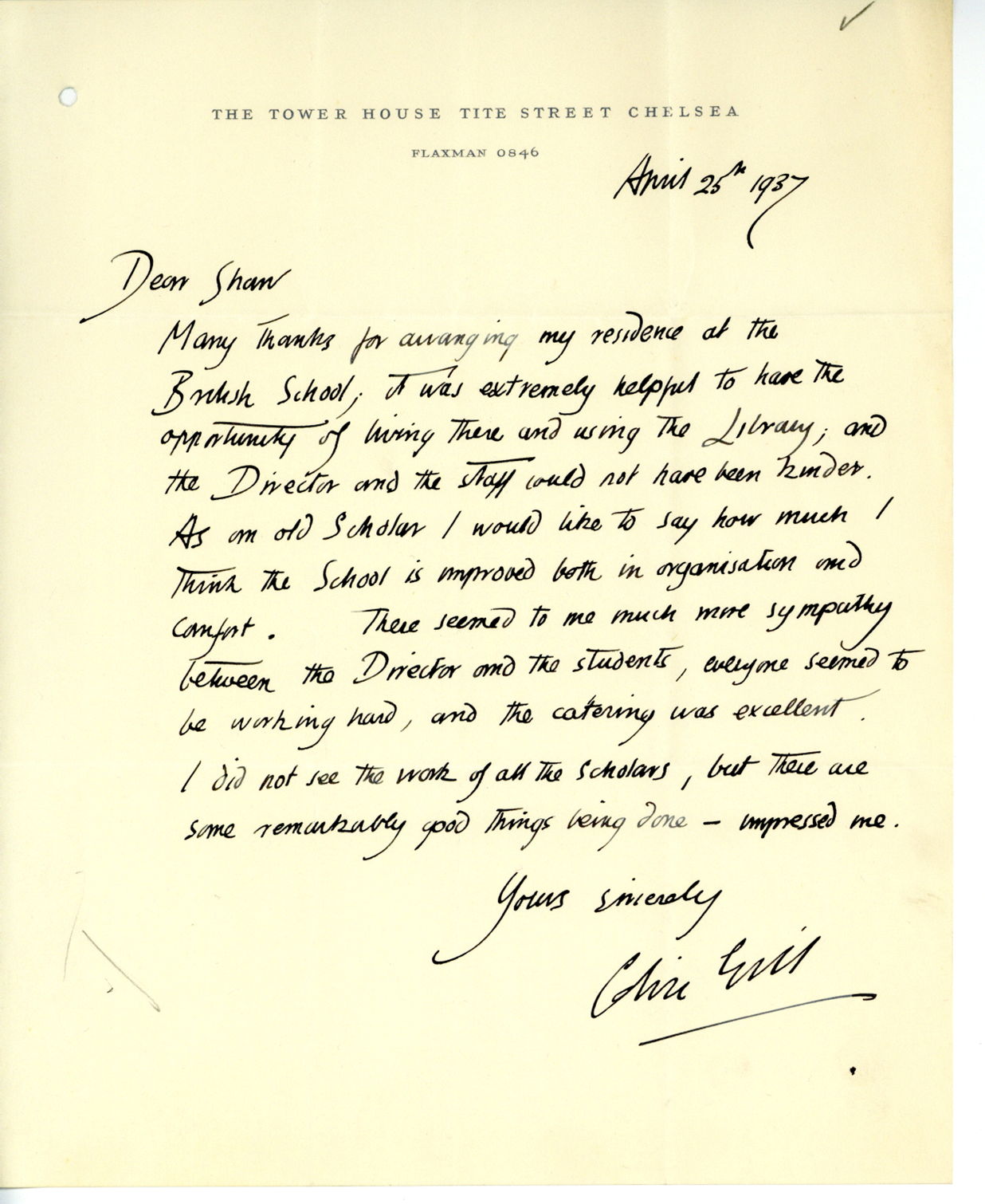 Colin Gill Collection, Letter from Gill to Shaw 1937, BSR Fine Arts ArchiveColin Gill Collection, Letter from Gill to Shaw 1937, BSR Fine Arts Archive